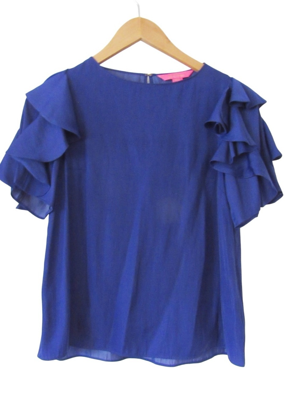Lilly Pulitzer Ana Top XXS Blue Flounce Ruffle Tiered Short Sleeves Dobby Office
